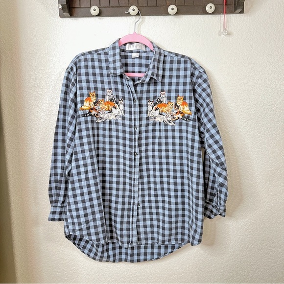 Vintage Plaid Flannel Embroidered Cats Long Sleeve Button Up - Like New - Large - Picture 8 of 8
